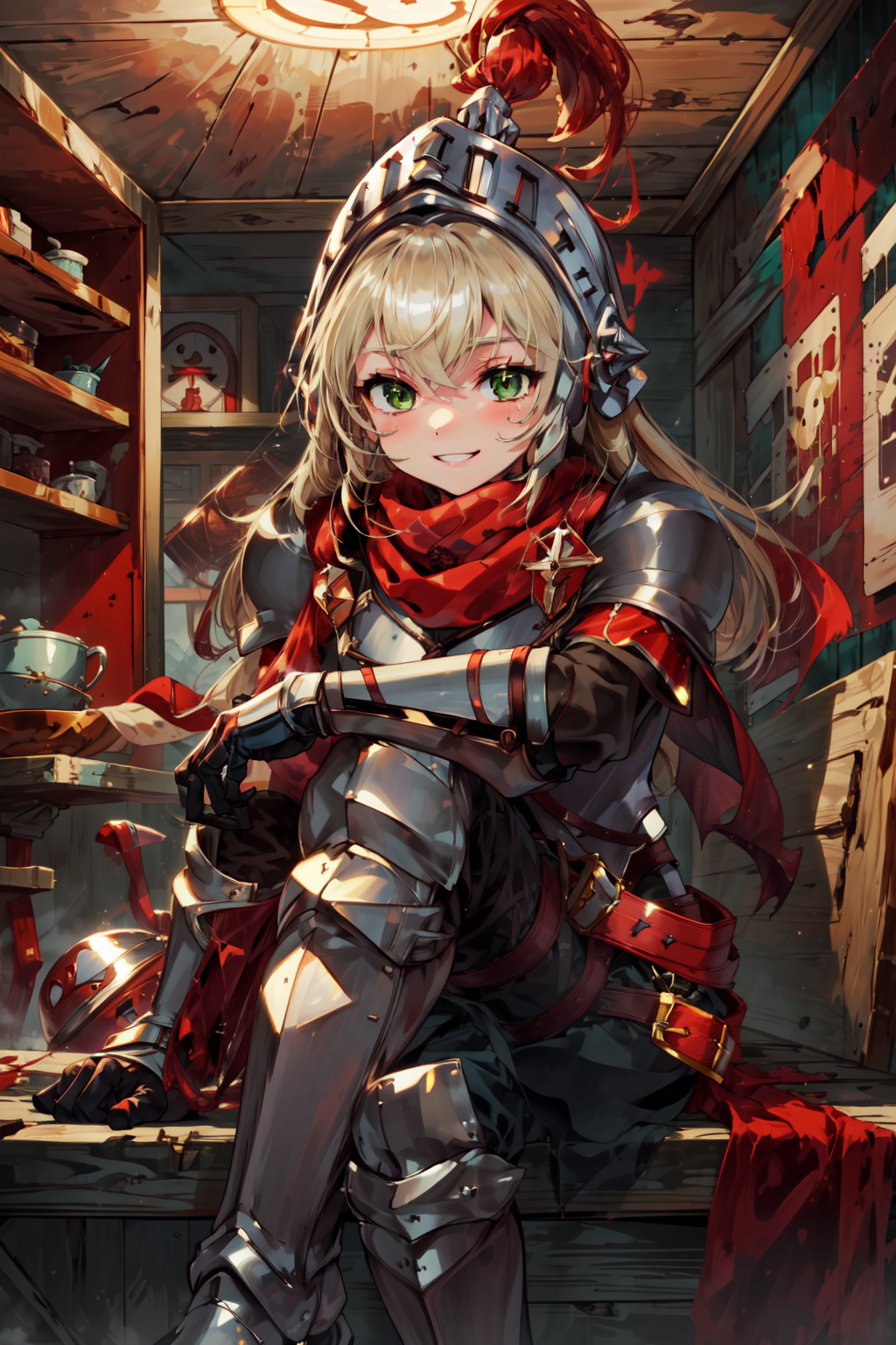 masterpiece,best quality,1girl,dumbface,long hair,helmet,green eyes,weapon,boots,belt,red scarf,armor,gauntlets,smile,wood...